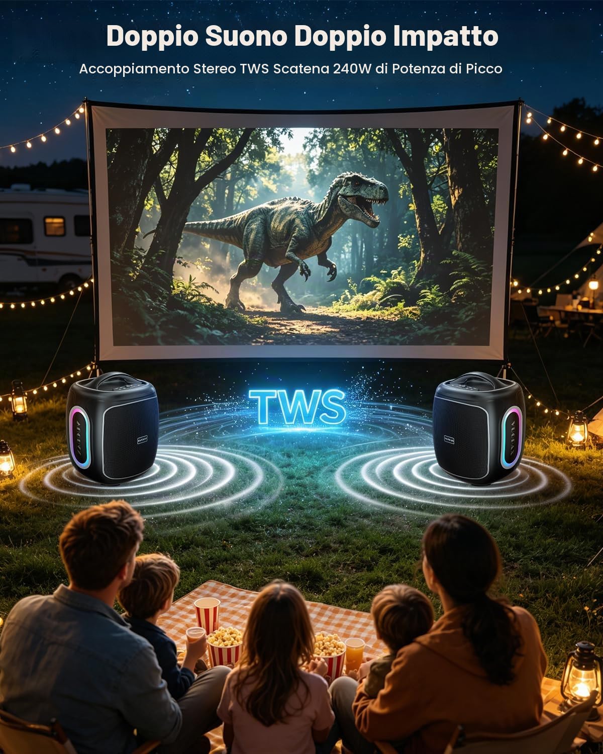 Cassa Bluetooth Portatile Potente 200W Peak Altoparlante Speaker Woofer 6,5 | Trasportabile con Maniglia, Bassi Potenziati, 30 Ore, Bluetooth 5.4, TWS, IP65, Luci RGB, per Campeggio, Giardino e Feste