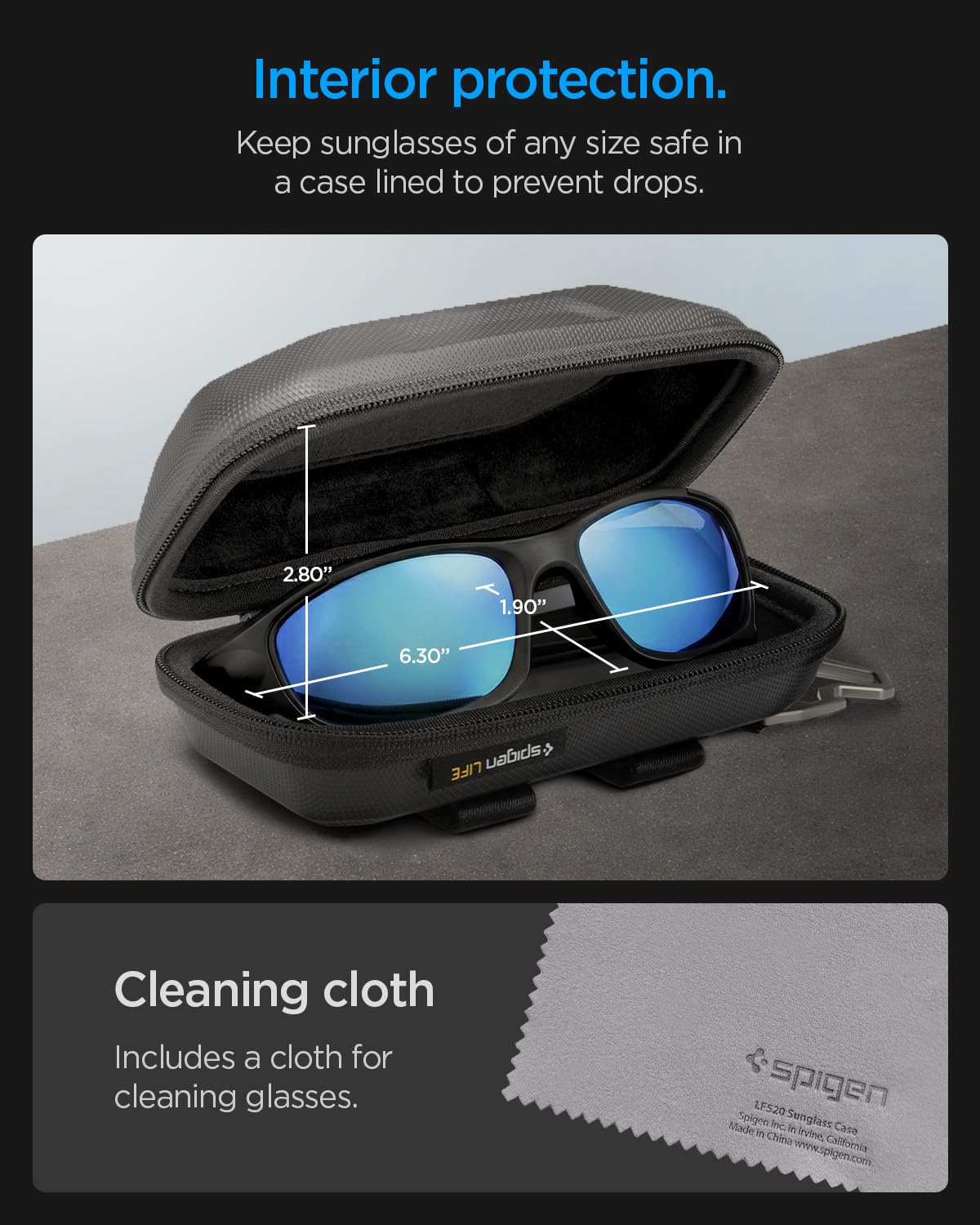 Spigen LIFE Lock Fit Étui pour Lunettes de Soleil Outdoor, Coque EVA avec Mousqueton - Noir