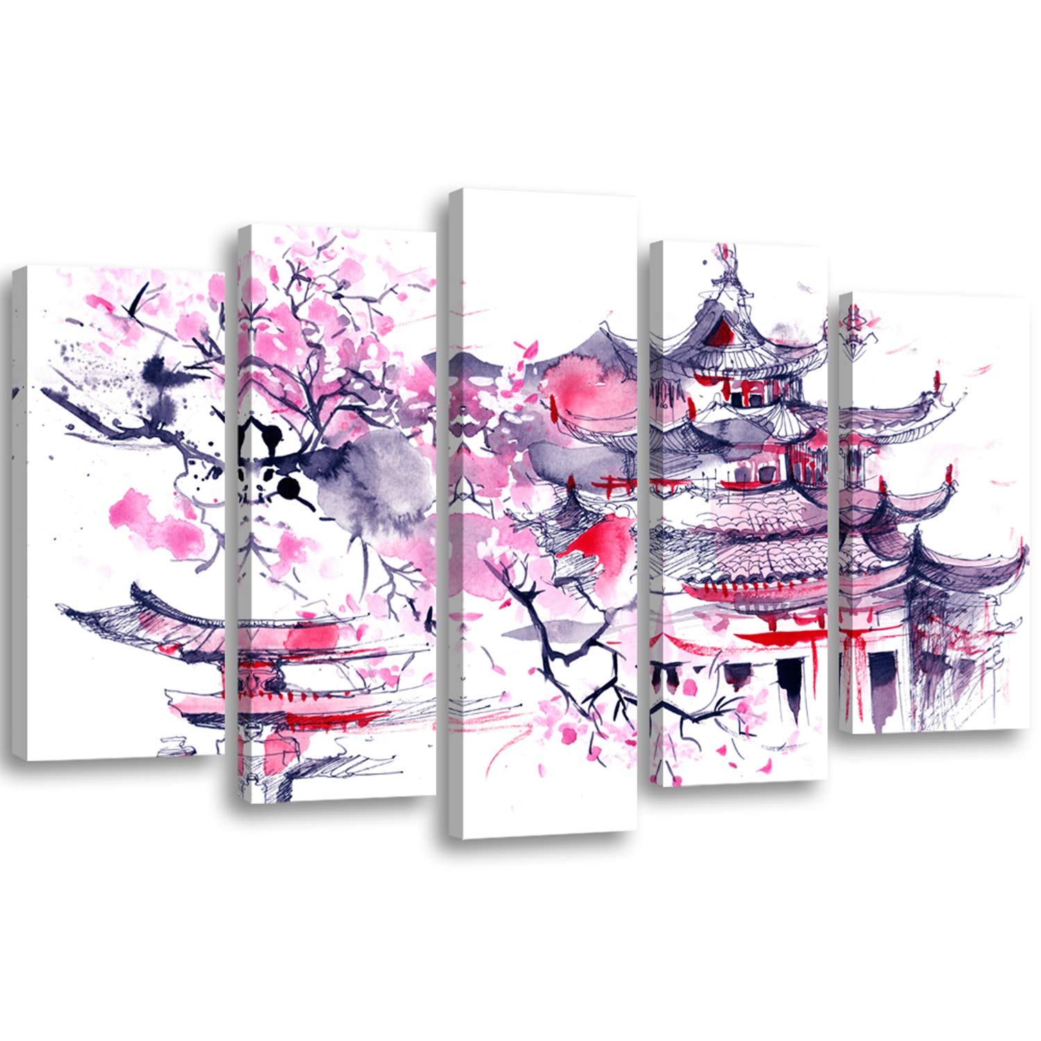 Feeby Bilder Japanischer Kirschbaum 100x70 cm - 5 Teile Modern Wand Bild Wandbilder Kunstdruck Bild auf Leinwand Wandekoration Design Wohnzimmer Schlafzimmer Büro Flur Natur Abstrakt Lila