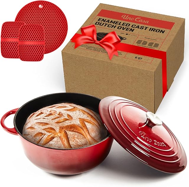 Uno Casa Enameled Cast Iron Dutch Oven with Lid - 6 Quart (5.7 litres) Enamel Coated Cookware Pot, Long-Lasting, Naturally Non-Stick Enamel Dutch Oven with Silicone Handles and Mat