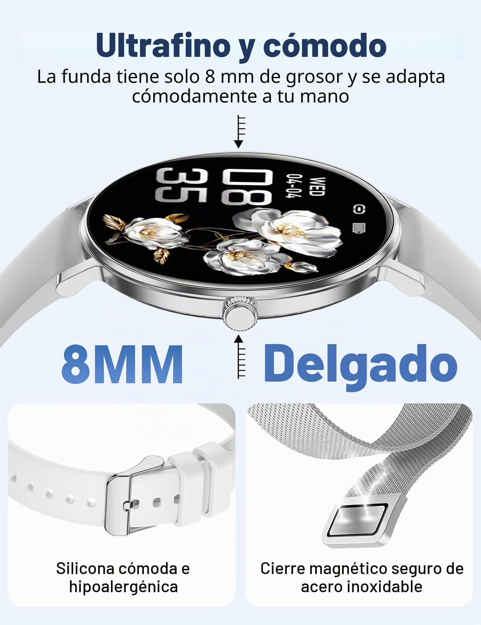 Reloj Inteligente Mujer Hombre,Pantalla AMOLED 1.32",Ultra Delgado 8mm,Batería 7 Días,IP68 Smartwatch con Llamadas BLE 5.3,Pulsómetro/Monitor de Sueño/Podómetro,Smart Watches para Android/iOS