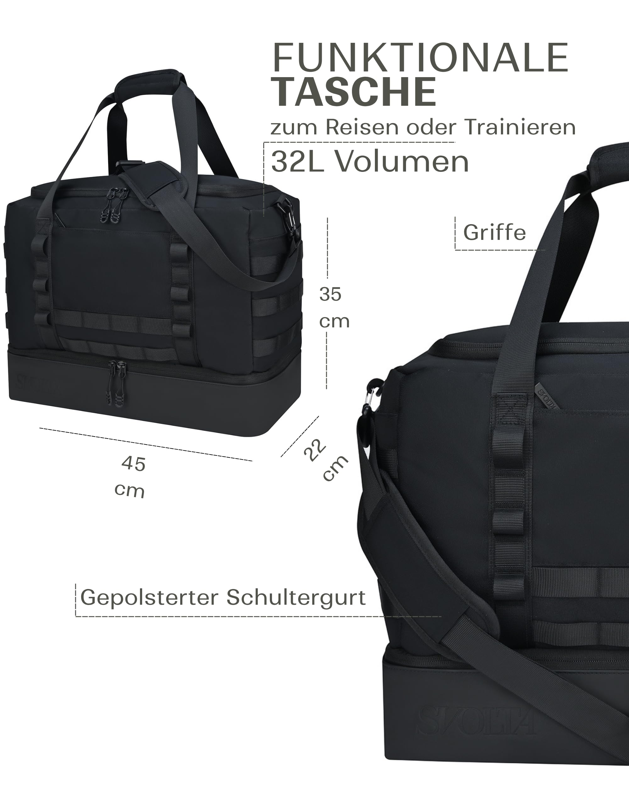 SVOLTA Taktische Reisetasche mit Schuhfach und Nassfach 32L Herren Olivgrün