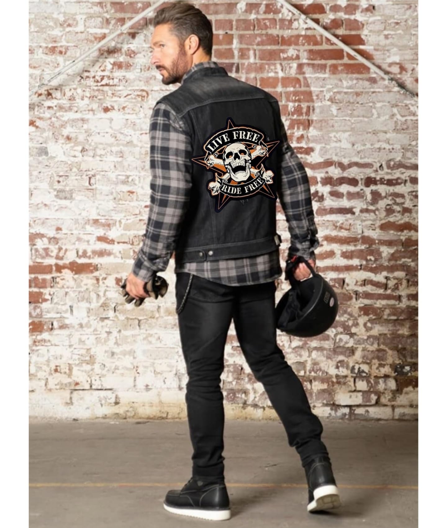 2 Aufnäher Totenkopf auf Stern "Live Free Ride Free" für Motorradjacke und Weste