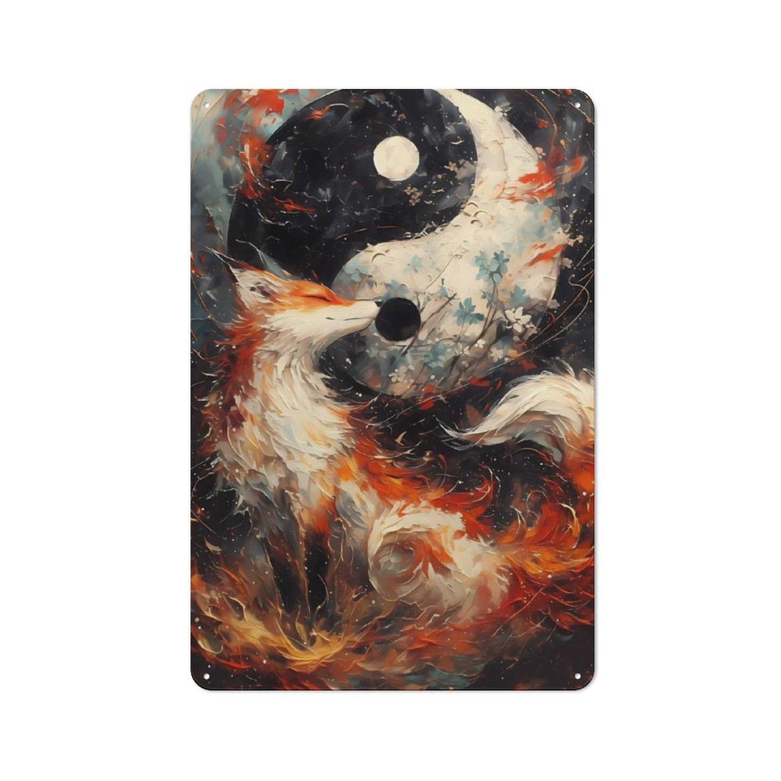 Junmoney The Fox Yin And Yang Retro Metal Sign 30X20cm For Lounge Or Reading Corner, For An Autumn Wall Display In Lounge And Reading Corner