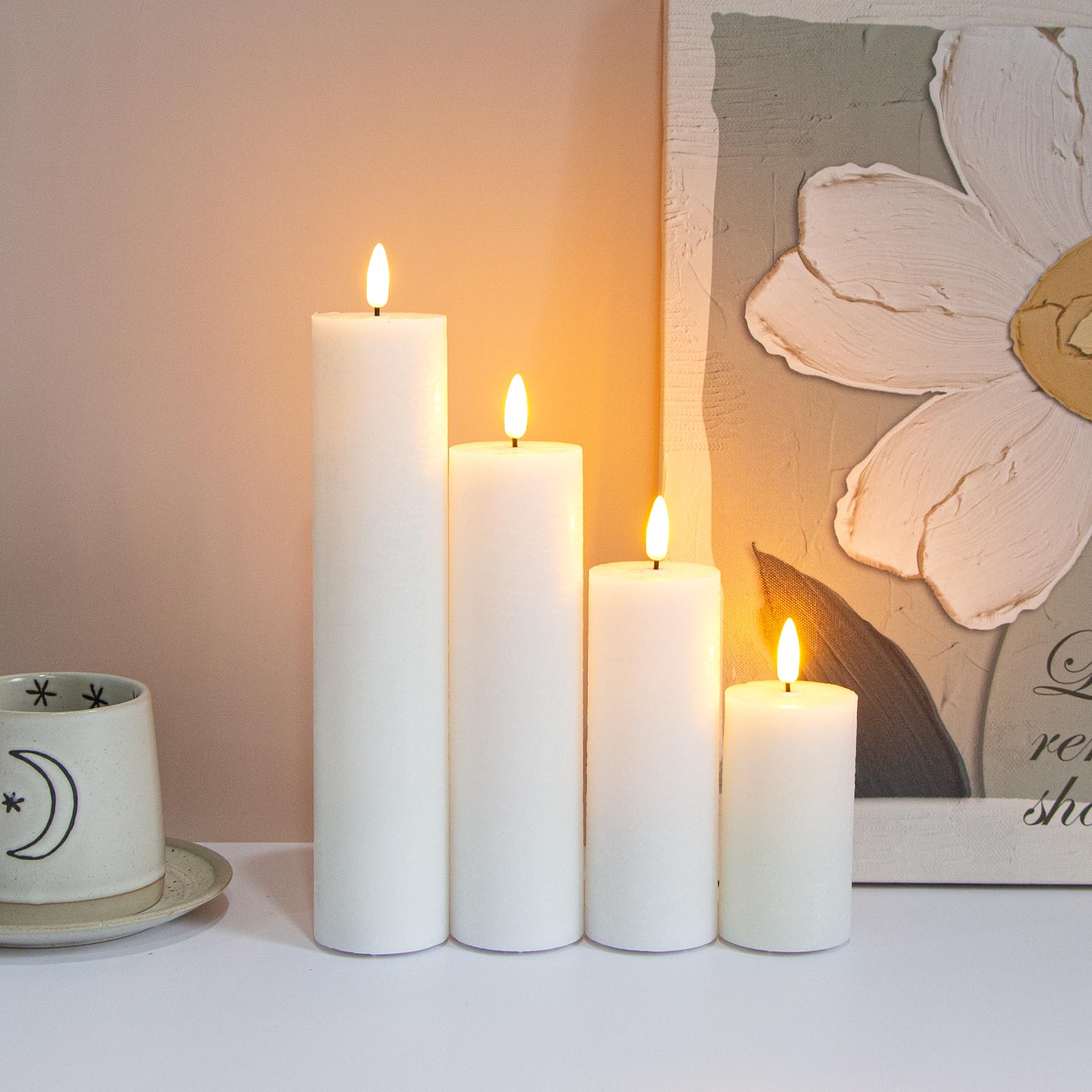 Parpadeo Pilar LED Velas con mando a distancia y el ciclo de temporización, blanco pilas (alimentado por 2AA) sin llama velas de cera real Tall (D 5.5 x H 10,15,20,25cm)，Pack de 4