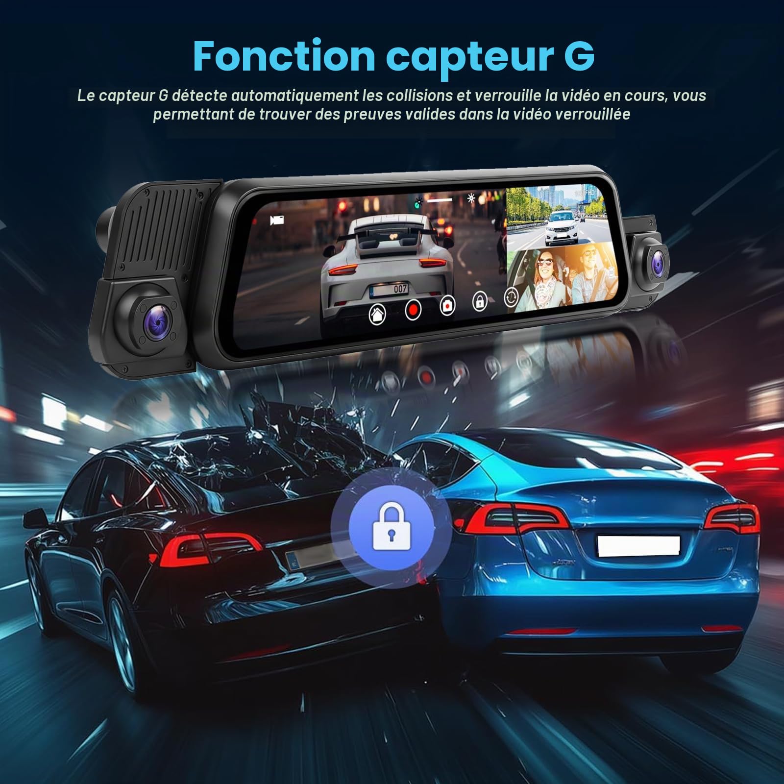 Inefala Dash Cam Rétroviseur 4 Canaux 9,66" Tactile | Avant Arrière, WiFi, App, G-Capteur, Carte 64 Go, Grand Angle, Vision Nocturne, Boucle
