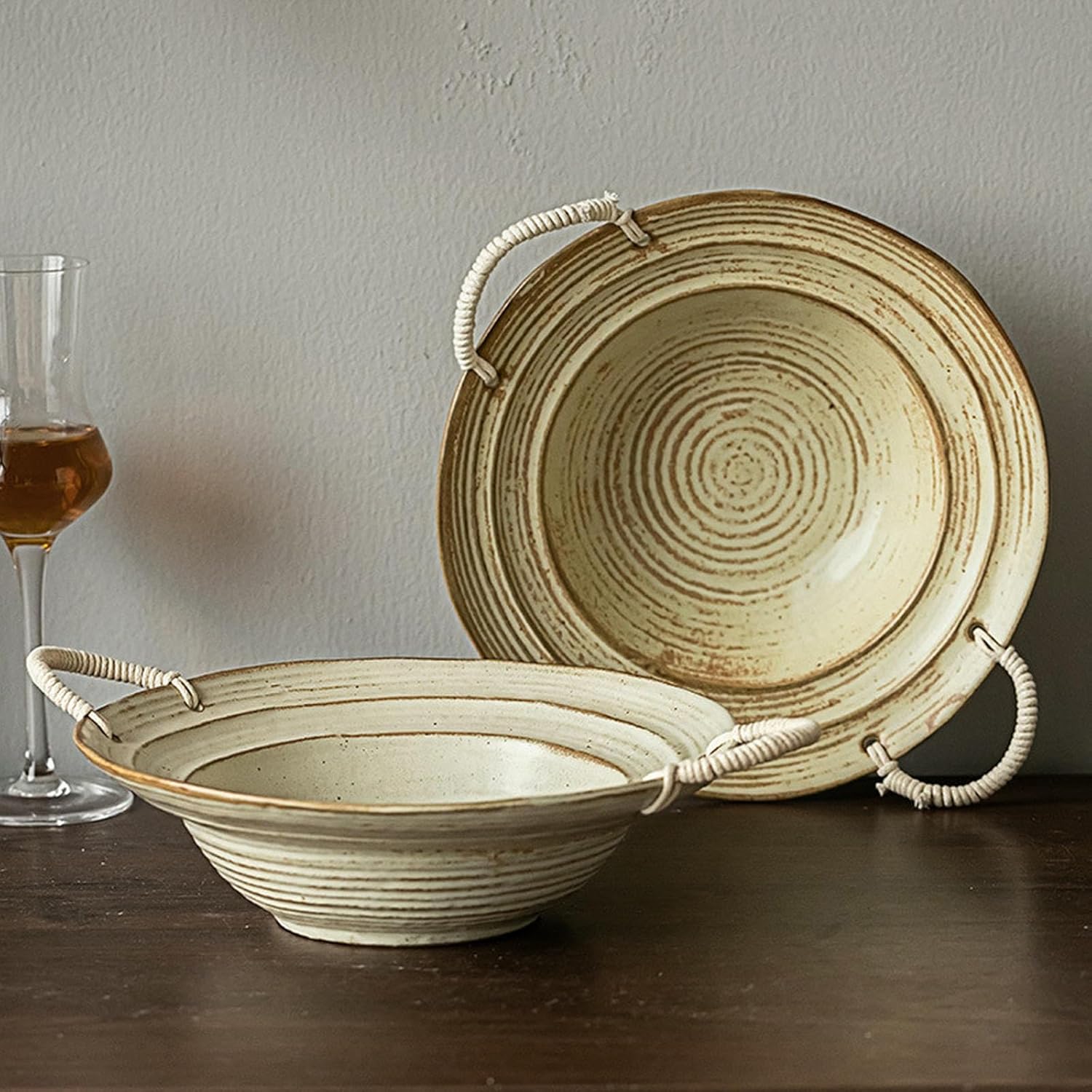 Coarse pottery retro old hemp rope Ear Bowl Japanese fine household tableware-Ear plate yellow 9.4 inches