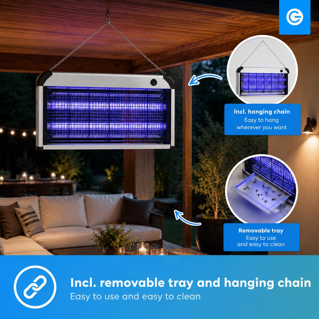 Silvergear Mosquito Lámpara Gran | Mata Insectos Eléctrico con Lámpara UV | Trampa para Mosquitos, Atrapa Moscas y Repelente de Insectos | Protege un área de 100 m² | Ligero y Portátil | 30W