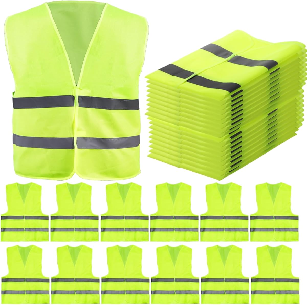 12 Pack High Visibility Safety Vests, Mesh Security Vest with 2 Reflective Silver Strips, Construction Work Vest Bulk for Men Women Traffic Emergency Work Running Cycling, Fluorescent Green