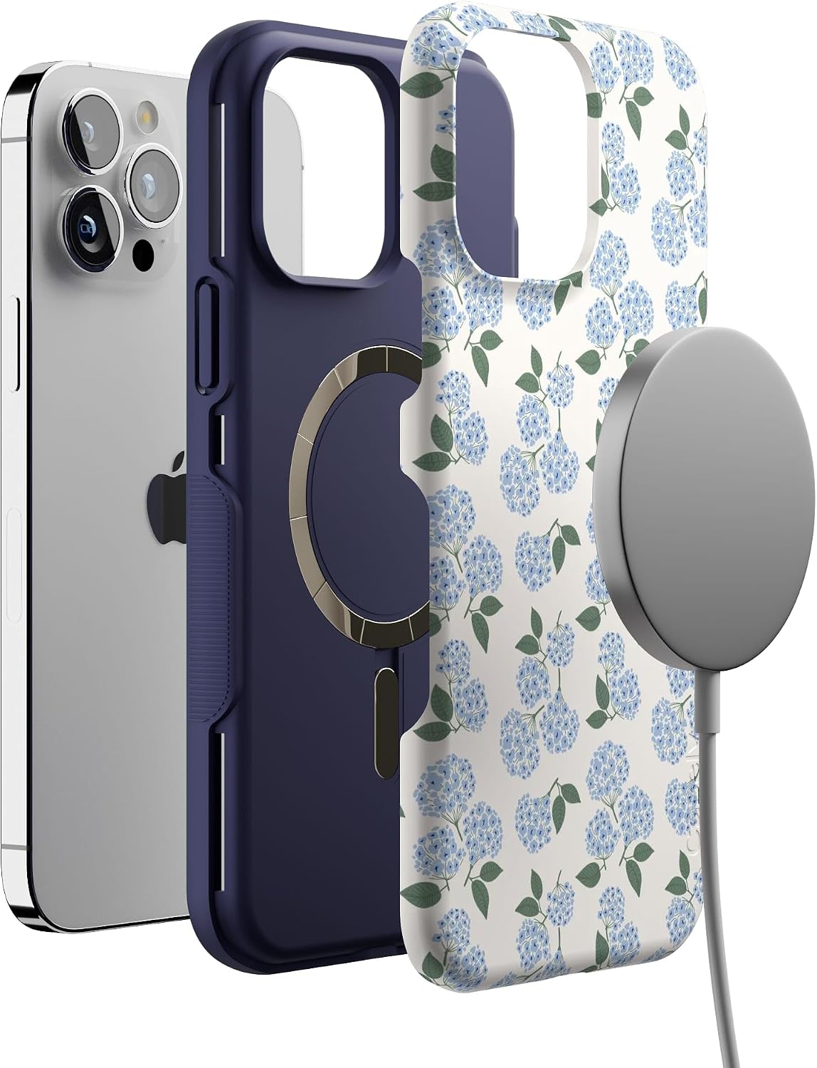 Casely iPhone 13 Pro Max Case | Nantucket Cottage | Blue Hydrangea | Bold Protective Design | Compatible with MagSafe