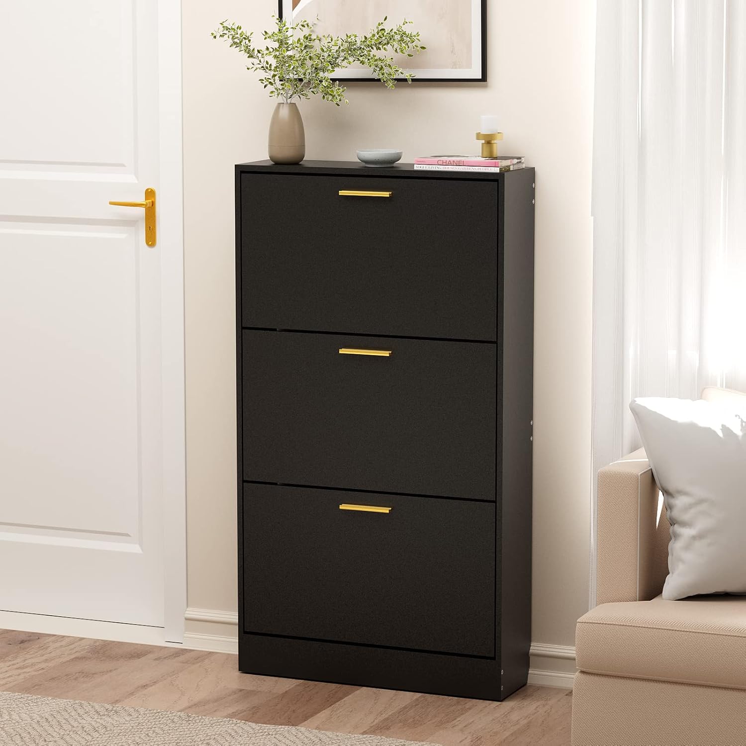 JOZZBY Shoe Cabinet Storage with 3 Flip Drawers for Entryway, Black Slim Freestanding Modern Narrow Shoe Organizer Rack Cabinet for Hallway, Living Room ( damaged see the pictures)