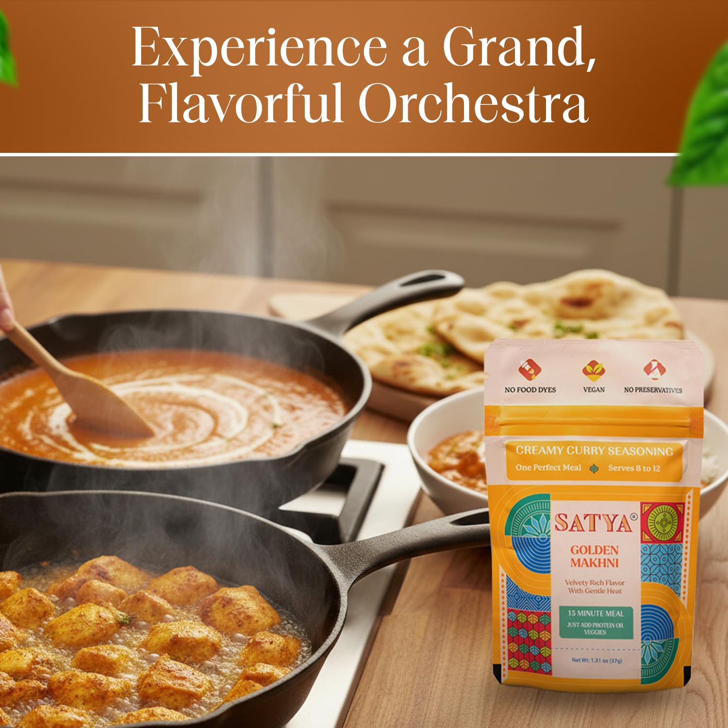 Satya Butter Chicken Creamy Curry Seasoning Mix Powder 1.31 oz Sachets (Pack of 5-185gm) – Golden Makhni Curry Masala for Protein, Chicken & Vegetables - Vegan, Gluten & Dye Free, Low Sodium Indian Spices - 37gm each
