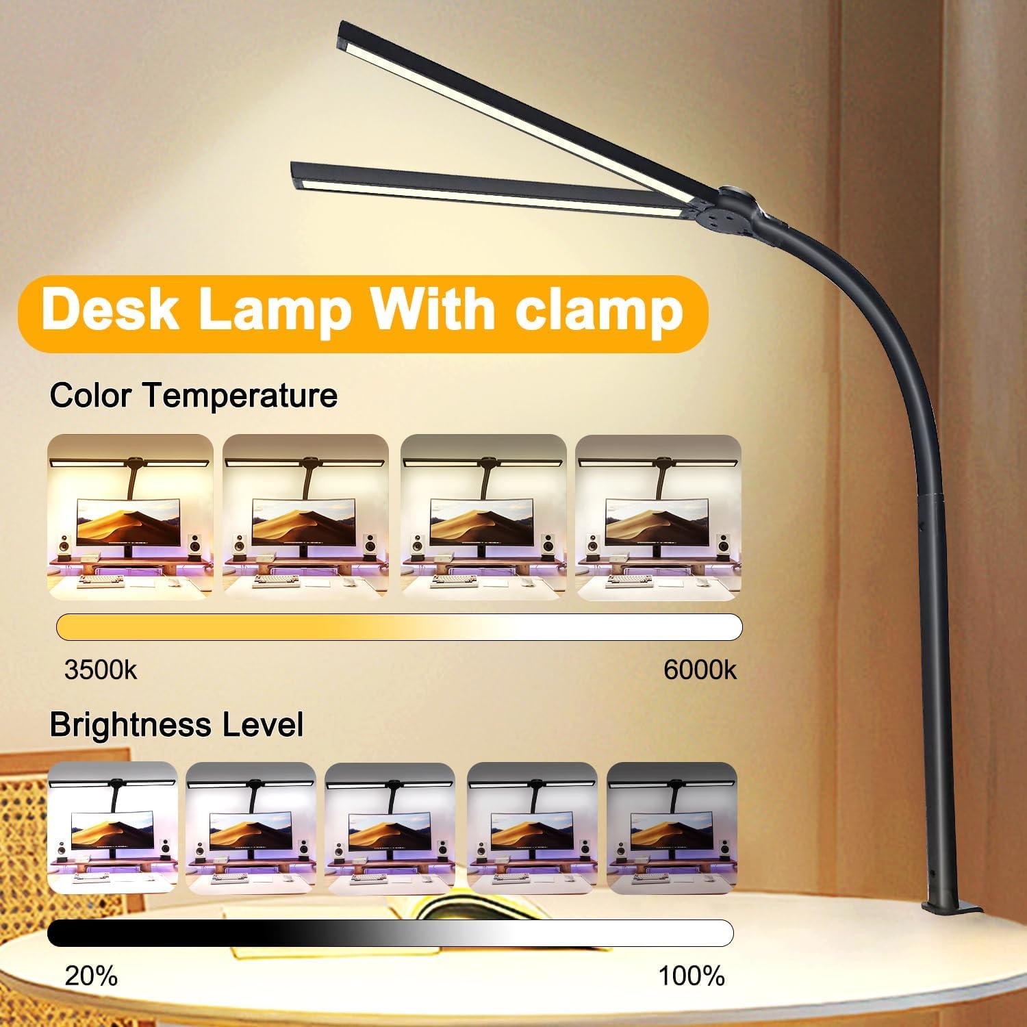 Double Head LED Desk Lamp for Office - Eye Caring Lamp with Clamp, Flexible Adjustable Lighting Gooseneck Desk Light, 4 Color Modes & 5 Brightness Levels for Monitor Workbench Study Reading