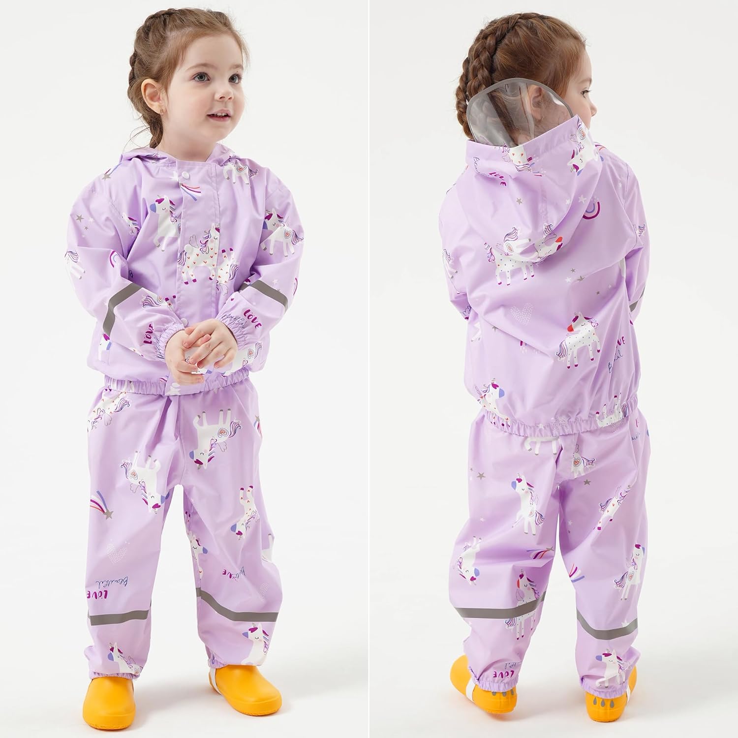 Fewlby Kids Rainsuit Girls Cartoon Raincoat Set, Toddler Waterproof Rain Jacket and Pants Child Rainset Rainwear