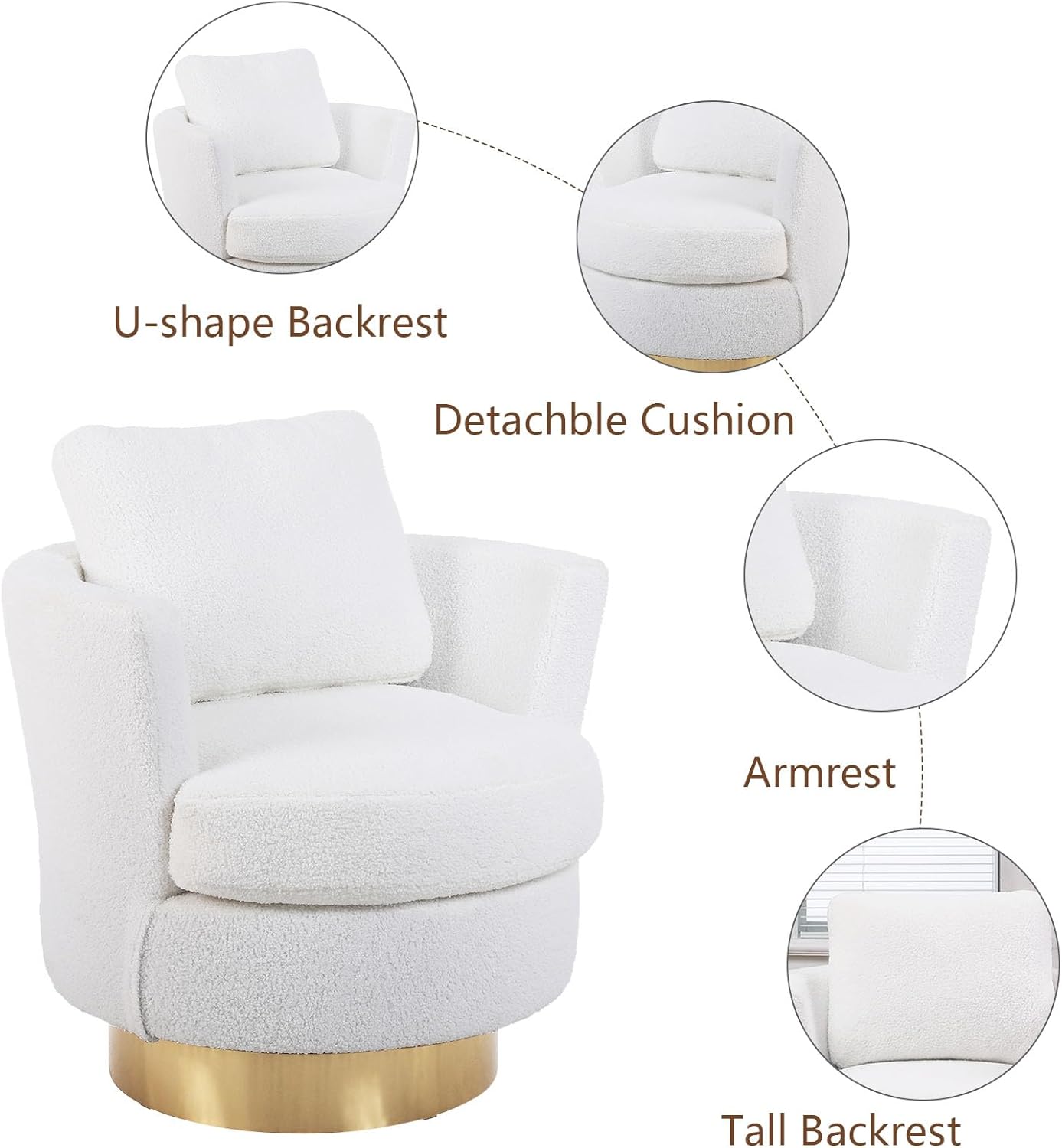 Swivel Barrel Chair for Living Room, Modern Round Accent Chair With Tall Backrest, 360 Degree Comfy Teddy Fabric Chair for Bedroom, White