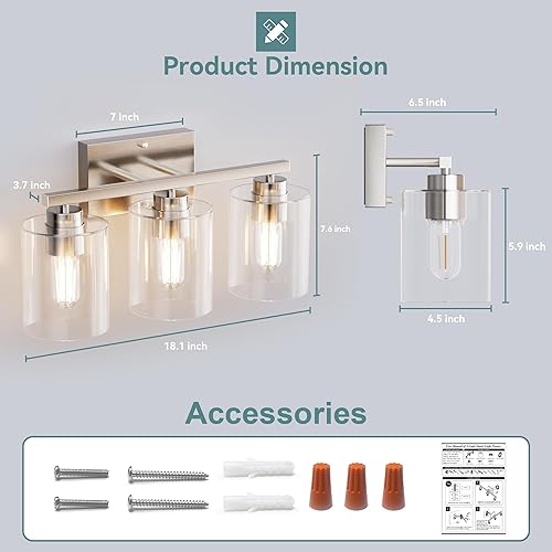 Miniatura 6 de Honesorn Lámparas de baño, 3 luces de tocador de baño, luces de tocador de baño de níquel cepillado para baño, lámpara de baño moderna con pantalla