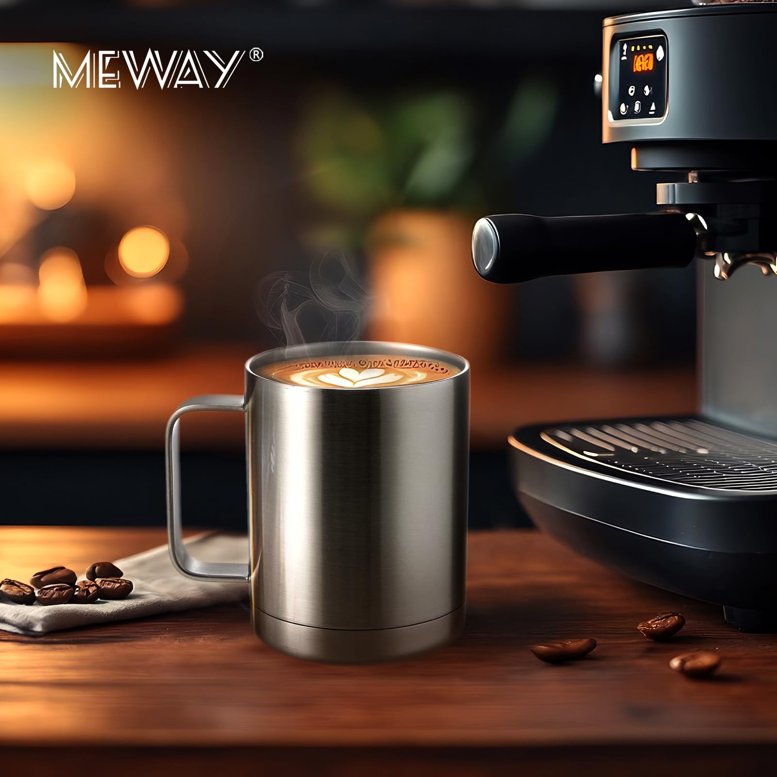 MEWAY Kubek do kawy 350 ml z uchwytem, 2 sztuki luzem, izolowane kubki podróżne ze stali nierdzewnej z przesuwaną pokrywką, próżniowy kubek kempingowy z podwójną ścianką do gorących i zimnych napojów herbaty (srebrny, zestaw 2 szt.)