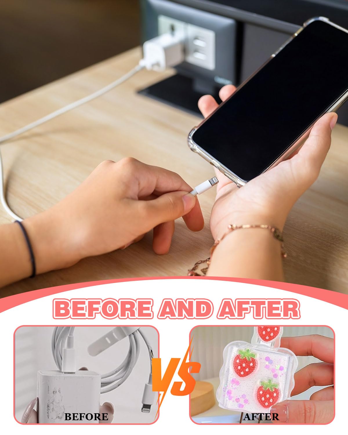1 pezzo Protezioni a Motivo a fragola, Cavi Protezioni Compatibile con iPhone, Protettivi per Caricabatterie USB-C per Donne, Antigoccia Impedisce de Cavo Linee Dati