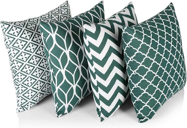 Penguin Home® 100% Cotton Decorative Double Sided Square Cushion Covers with Invisible Zipper 45cm x 45cm x 18 (Set of 4, Forest Green/White Pattern), 45x45 Cm