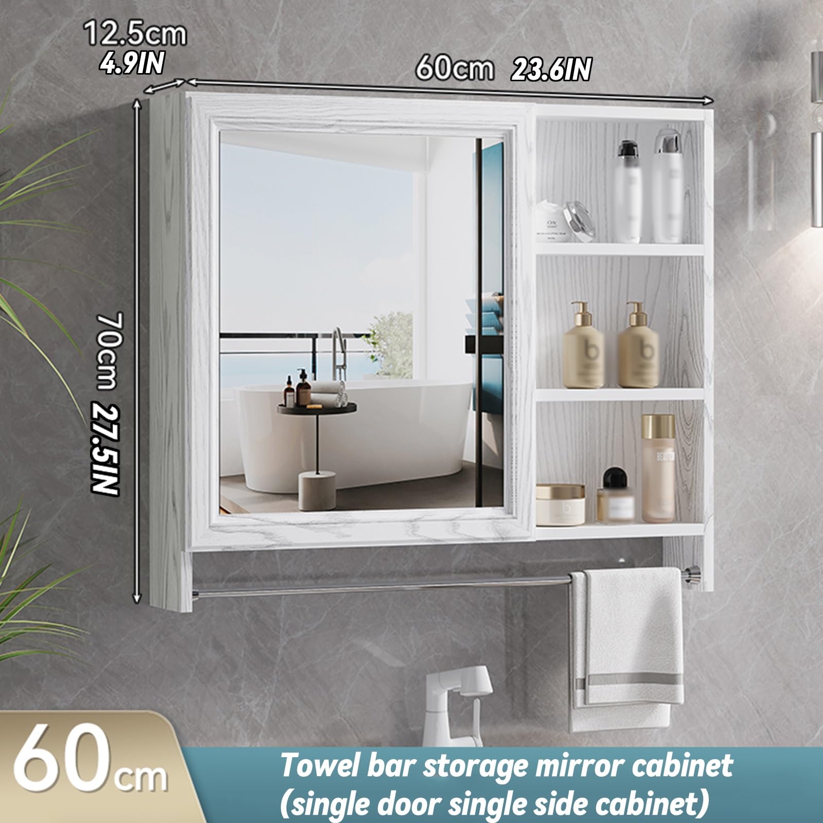Specchio Bagno Contenitore con portasciugamani,armadietto medicinali，specchiera Bagno con mobiletto,Pannello Posteriore in Lega di Alluminio,Impermeabile(White,L60xH70CM/L23.6xH27.5IN)