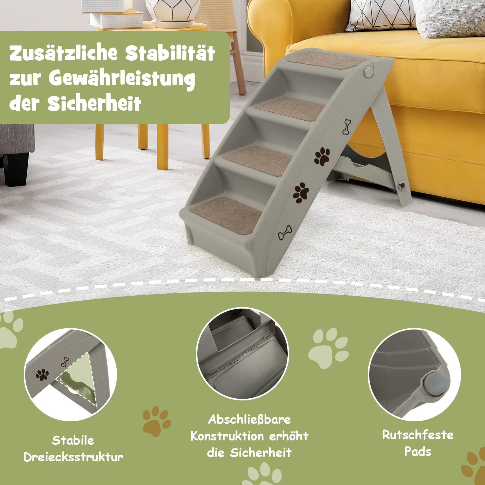 COSTWAY 4-stufige Haustiertreppe mit Teppichboden, Hundetreppe Kunststoff Katzentreppe faltbar, Hunderampe tragbar Tiertreppe für Hunde und Katzen, Tierrampe zum Klettern und Kratzen (Grau)