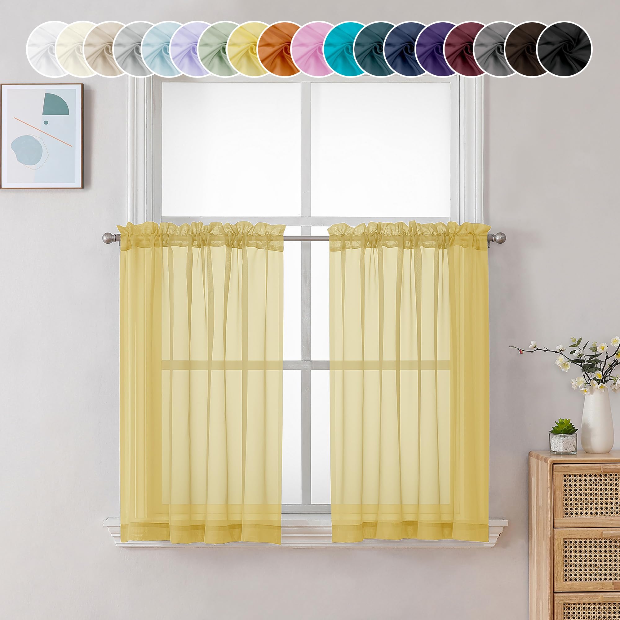 Chyhomenyc Yellow Sheer Curtains 36 inch Length 2 Panels, Light Filtering Voile Rod Pocket Short Window Curtians for Bathroom Living Room Farmhouse Small Windows, 42Wx36L inches โ image 1