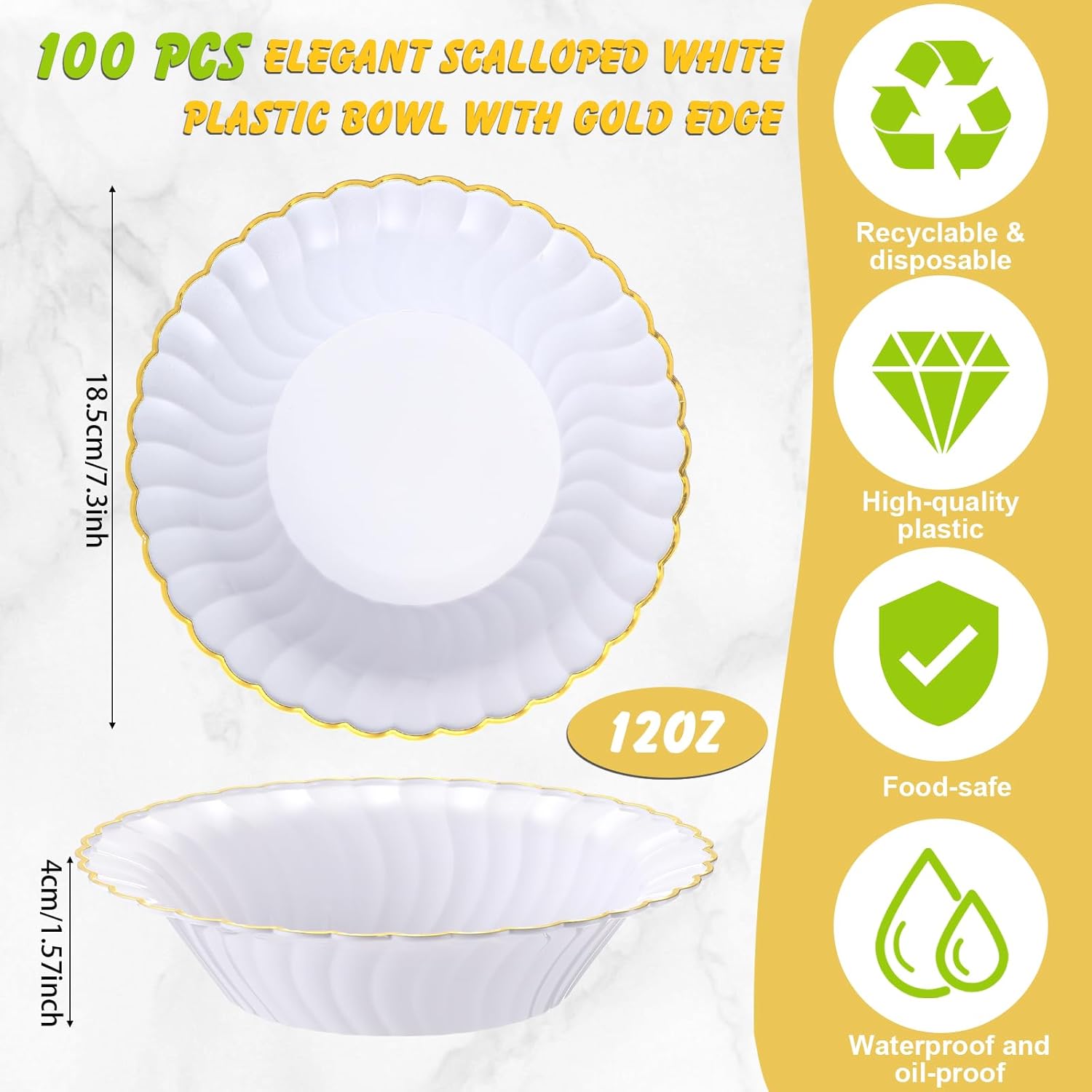 100 Pack 12oz White and Gold Plastic Bowls, Disposable Dessert Salad Soup Scalloped Bowls for Christmas, Thanksgiving, Birthday, Wedding, Catering and Everyday Use