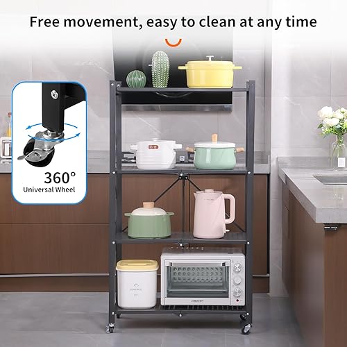 Miniatura 3 de JOYBOS Estantes de almacenamiento plegables de 4 estantes con ruedas, estantería de metal resistente, sin montaje, estante de alambre para garaje,