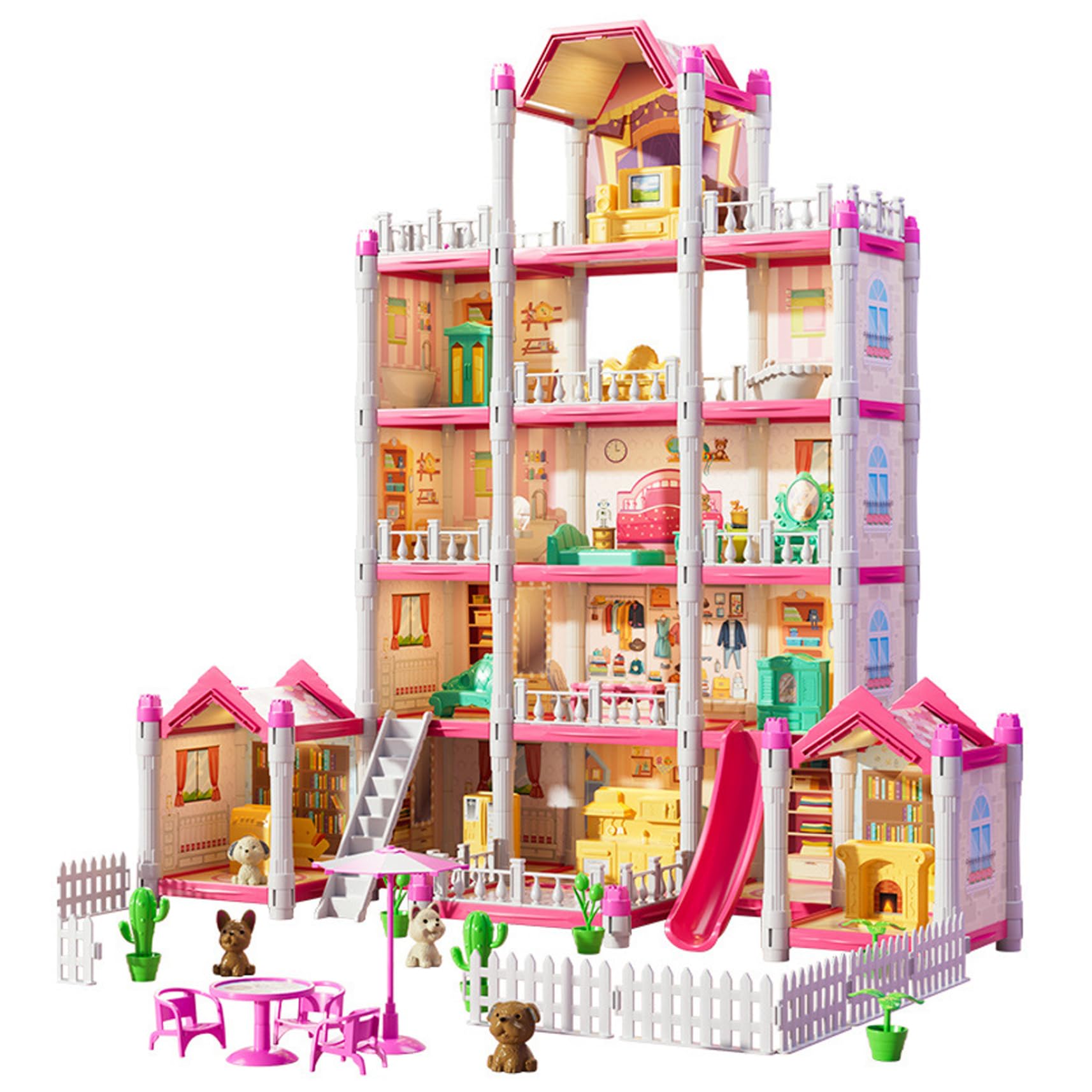 Casa delle bambole di lusso a 5 piani con 14 stanze, per bambine, castello da principessa fai da te con bambola, cucciolo, mobili e accessori, giocattoli di Natale da sogno per bambini di 3+ anni.