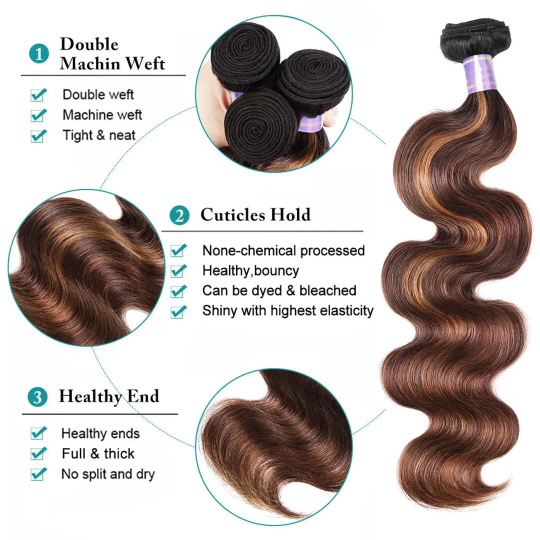 Highlight Body Wave Human Hair Bundles Ombre Brown Brazilian Remy Extensions T1B/4/30