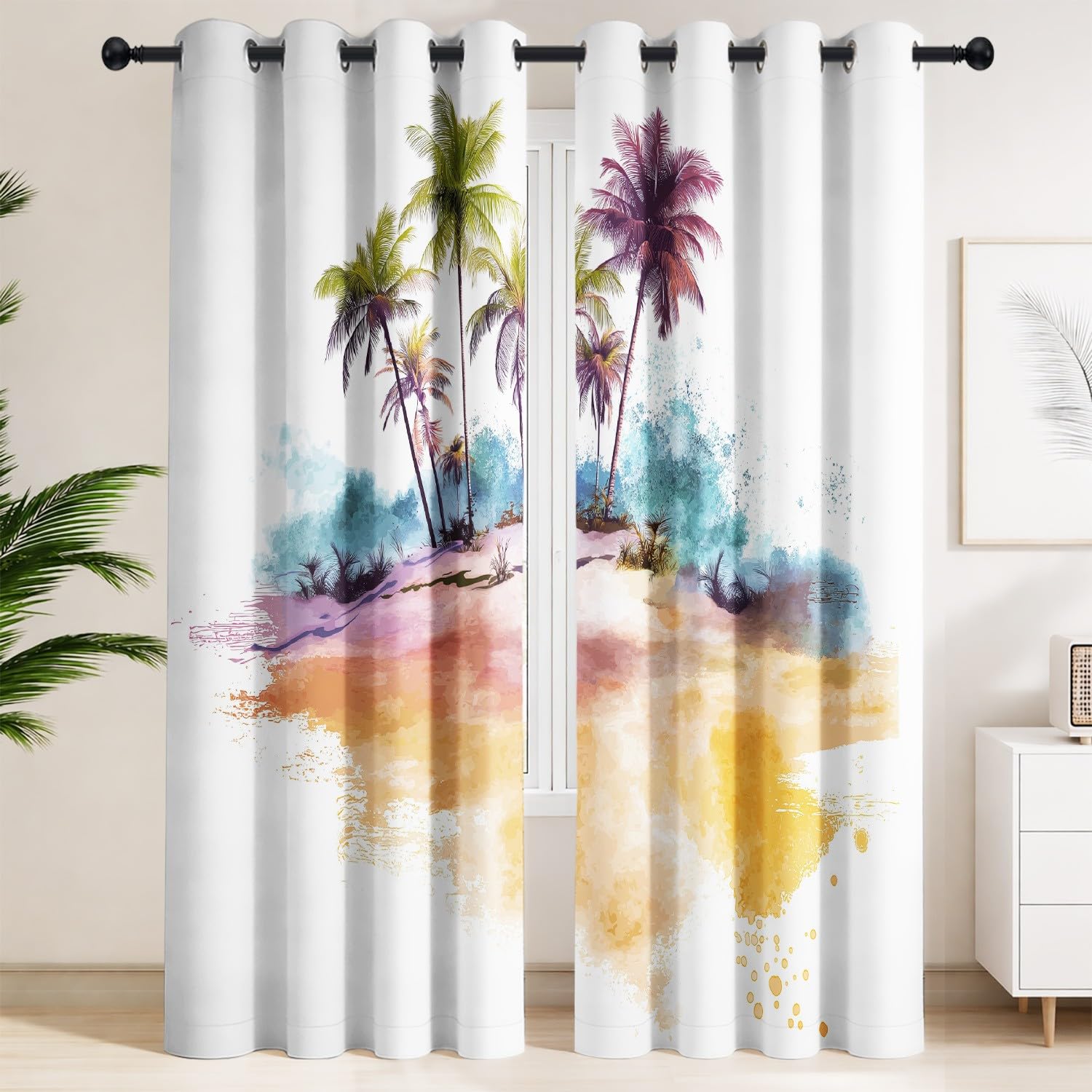 Generisch Palmen Strand Insel Blickdichte Vorhänge, B 140 x H 245 cm Verdunklungsvorhänge mit Ösen, Thermovorhänge für Wohnzimmer, Schlafzimmer, Boho Aquarell 2er-Set