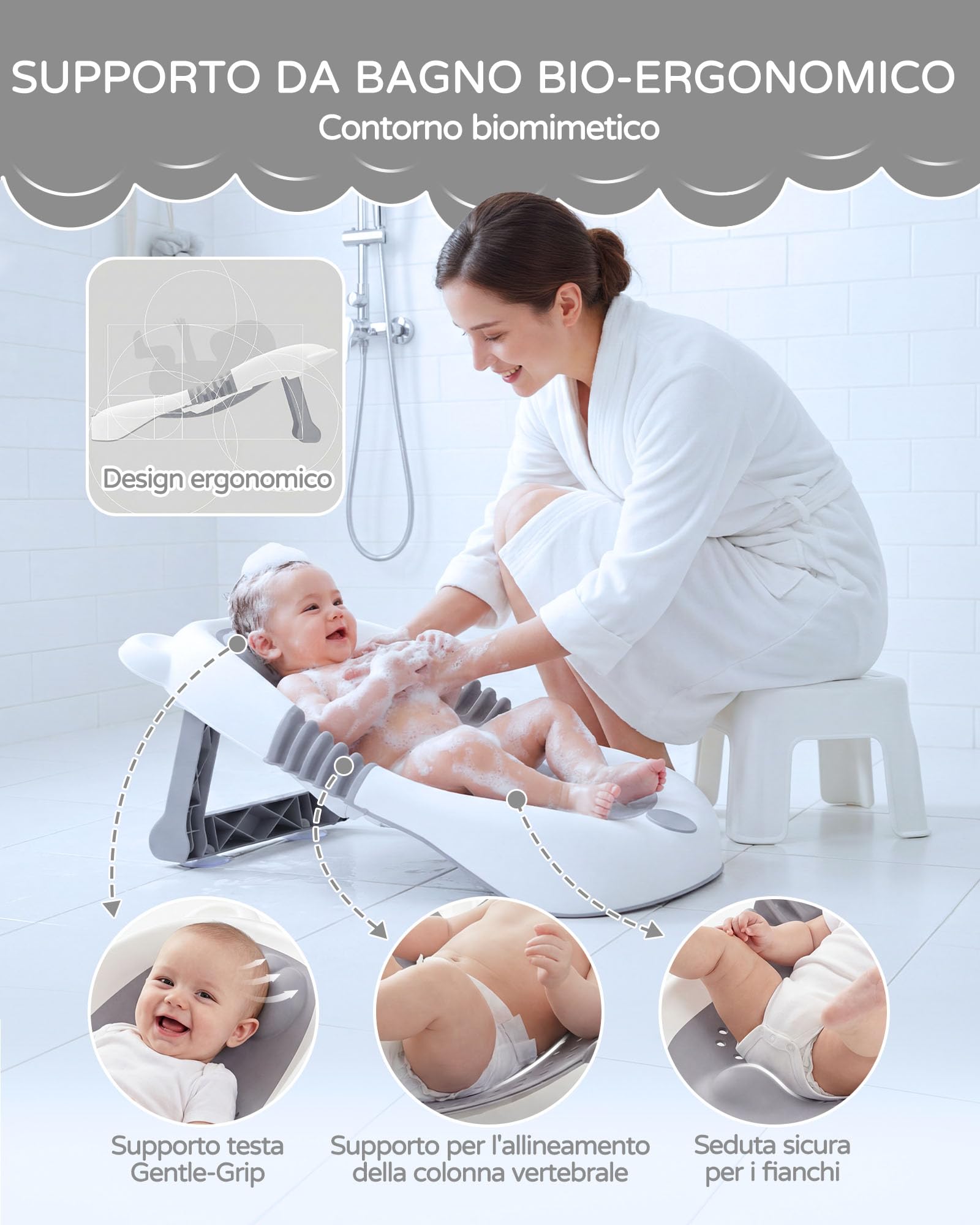 Vaschetta da bagno pieghevole per Neonato con supporto, vaschetta da bagno per Bambino con sedile antiscivolo e ventose, 0-6 mesi: articoli indispensabili per neonati, ideale come Bambino appena nato