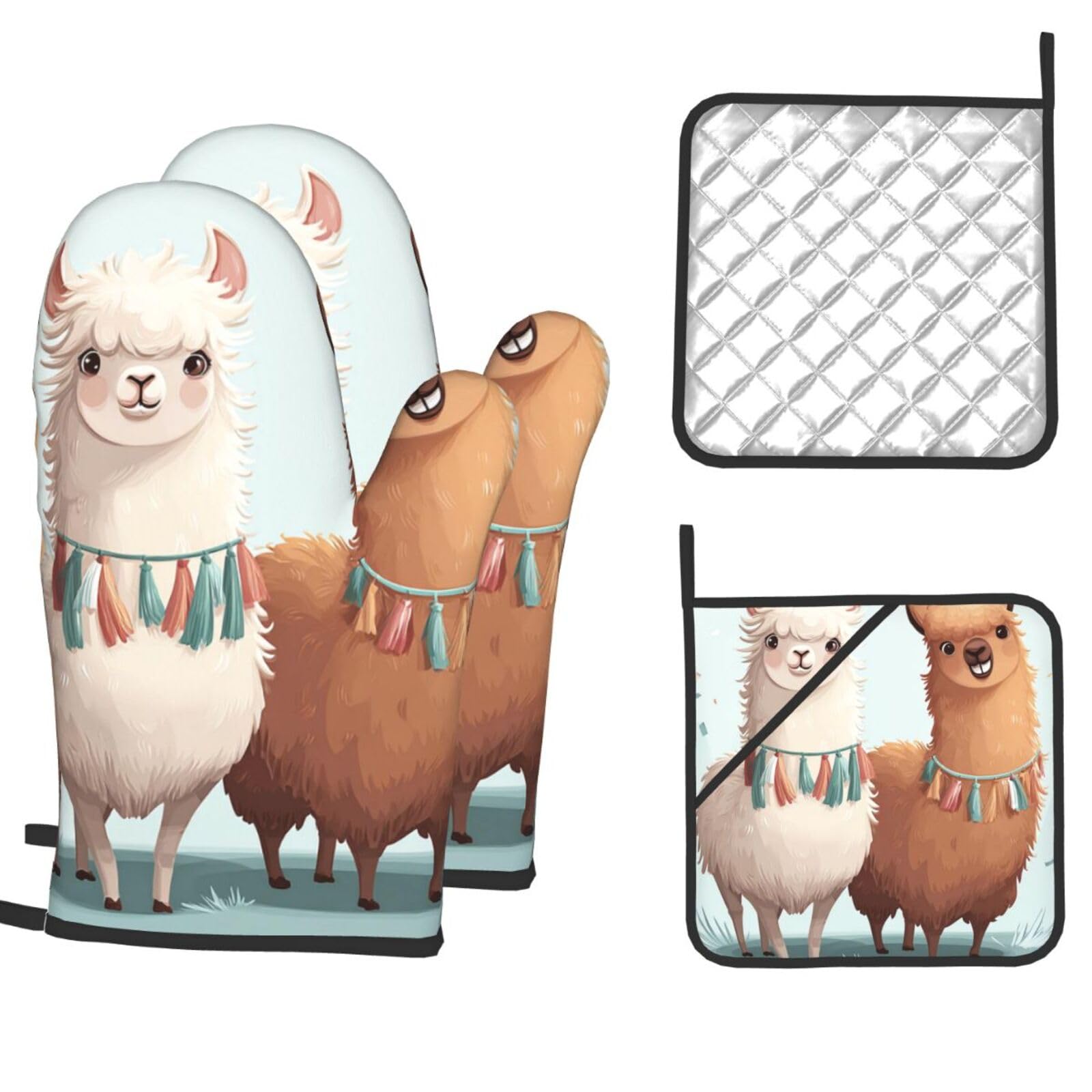 Oven Mitts and Pot Holders Sets of 4 Heat Resistant Kitchen Gloves Llama Alpaca Oven Mitts BBQ Gloves Oven Gloves and Hot Pads Non-Slip Potholders for Kitchen Baking Cooking