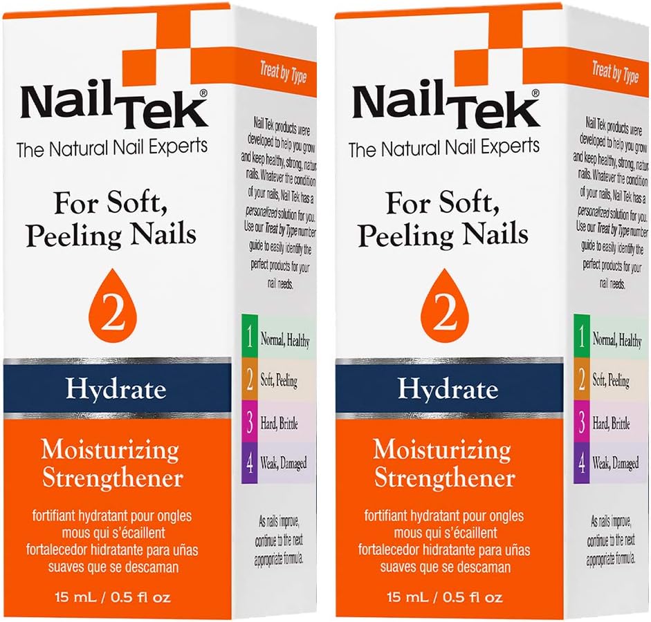 Nail Tek Hydrate 2, Moisturizing Strengthener for Soft and Peeling Nails, Nourish, Protect Nails from Chips, Splits, Peeling, and Breakage, 0.5 oz, 2-Pack