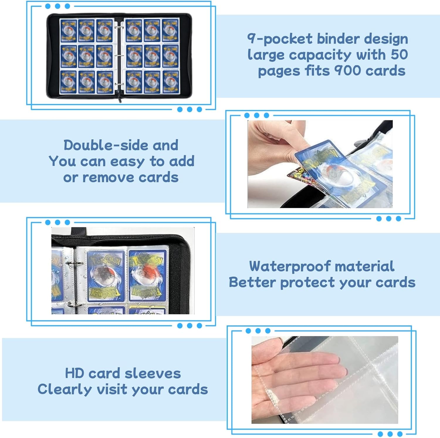 Card Binder 9 Pocket,900 Pockets Trading Card Binders Holder Collector Album Book with Zipper and 50 Removable Sleeves,Compatible with Game Sport Cards