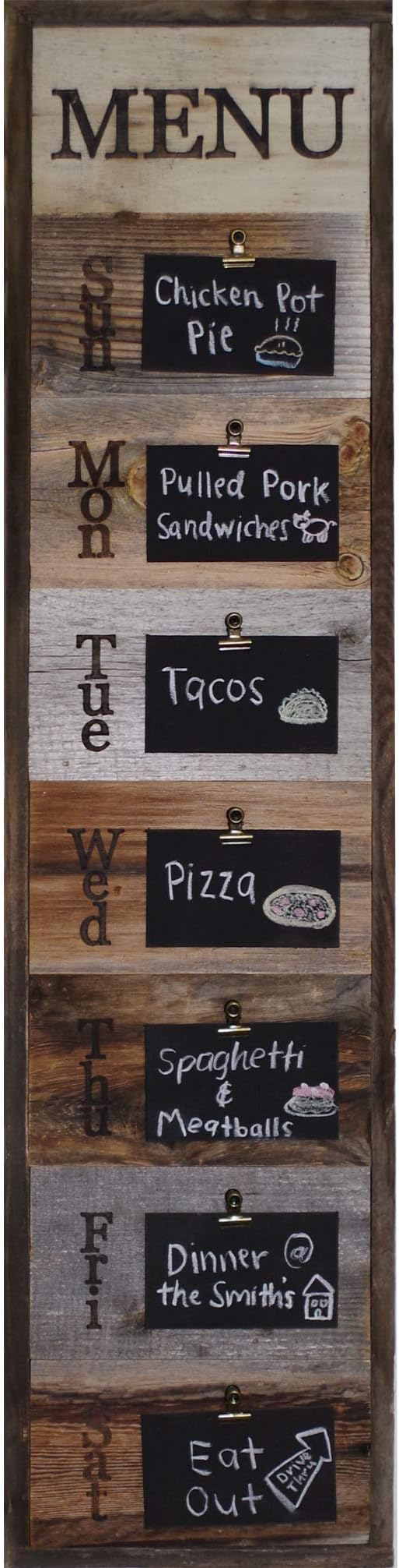 Weekly Menu Board, Vertical Reclaimed Wood Sign with Clips and Mini Chalkboard Slats, Vintage Farmhouse Kitchen Display, Rustic Decoration.