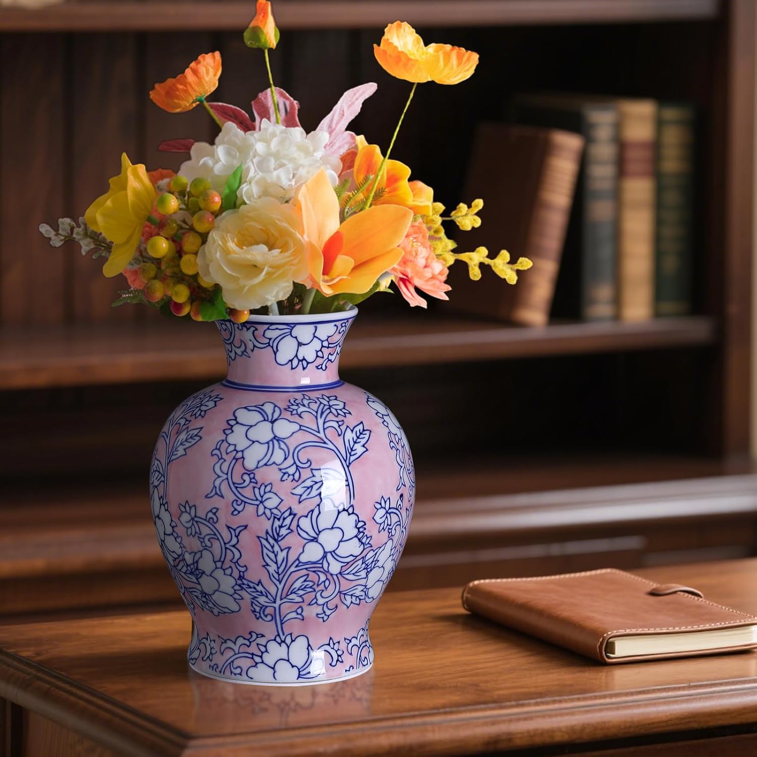 Vintage Chinoiserie Floral Ceramic Vase, Large Rustic Pottery Vases for Living Room, Entryway, Dining Table Centerpiece, Farmhouse Home Décor, Floor or Tabletop Flower Vase, (Pink) - Image 6