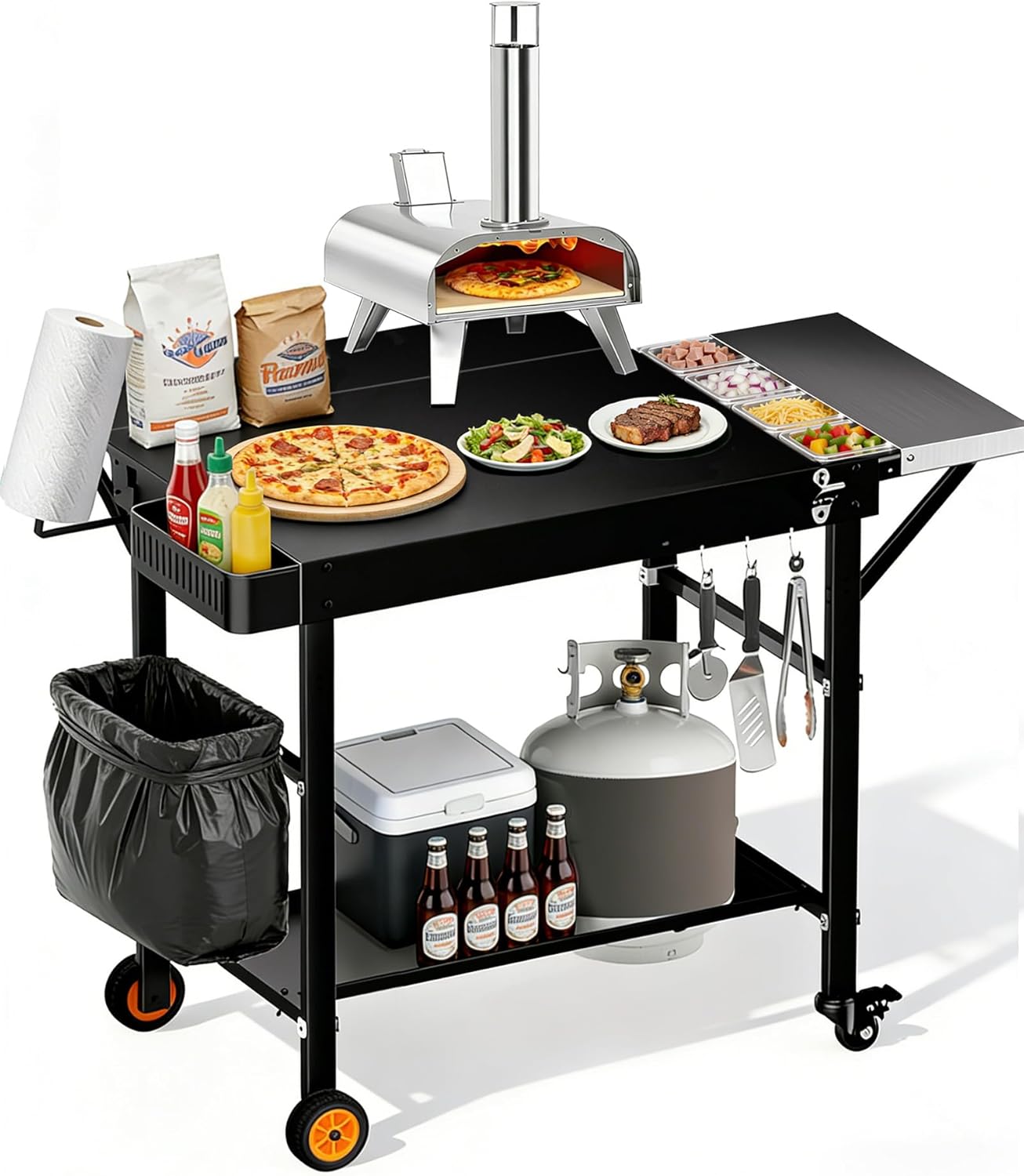 Outdoor Pizza Oven Table with Topping Station, Portable Pizza Oven Cart with BBQ Prep Tables Station for Ninja Woodfire Grill, Blackstone Griddle, Tabletop Grill