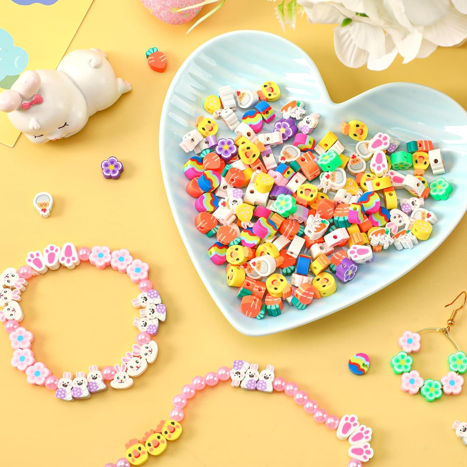 Augshy 300pcs Easter Polymer Clay Beads: Bunny, Chick, Egg, Carrot, Flower Shapes - Round, Assorted Easter Colors for Bracelet, Necklace, Jewelry Making - Image 4