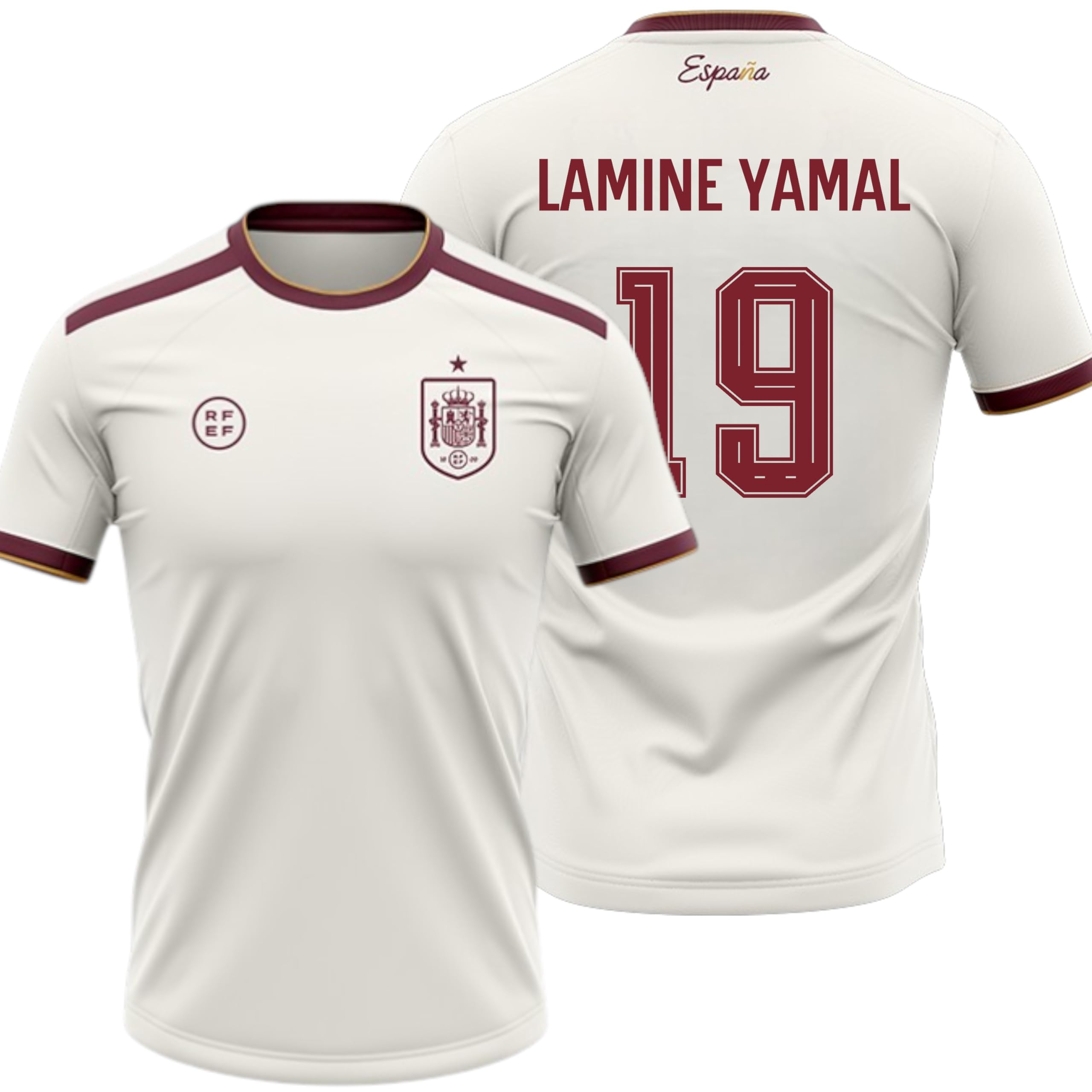 Camiseta España 2026-2028 | Lamine Yamal 19 Dorsal y Nombre | Color Blanco con Detalles Granate | Manga Corta | Diseño Futbol Aficionados | Tejido Transpirable Deportivo