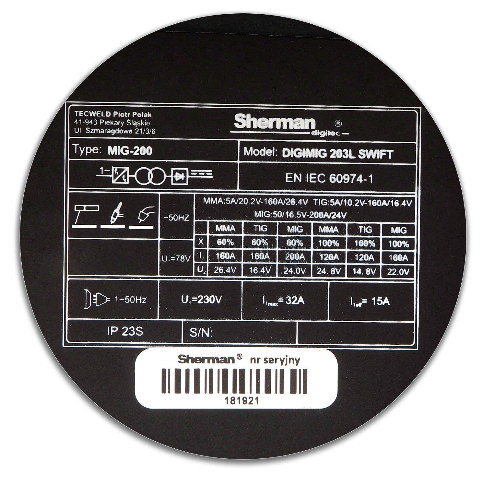 Sherman™ DIGIMIG 203L SWIFT MIG/MAG Soldador TIG 200 Amp LCD Soldadura sinergia 3 en 1