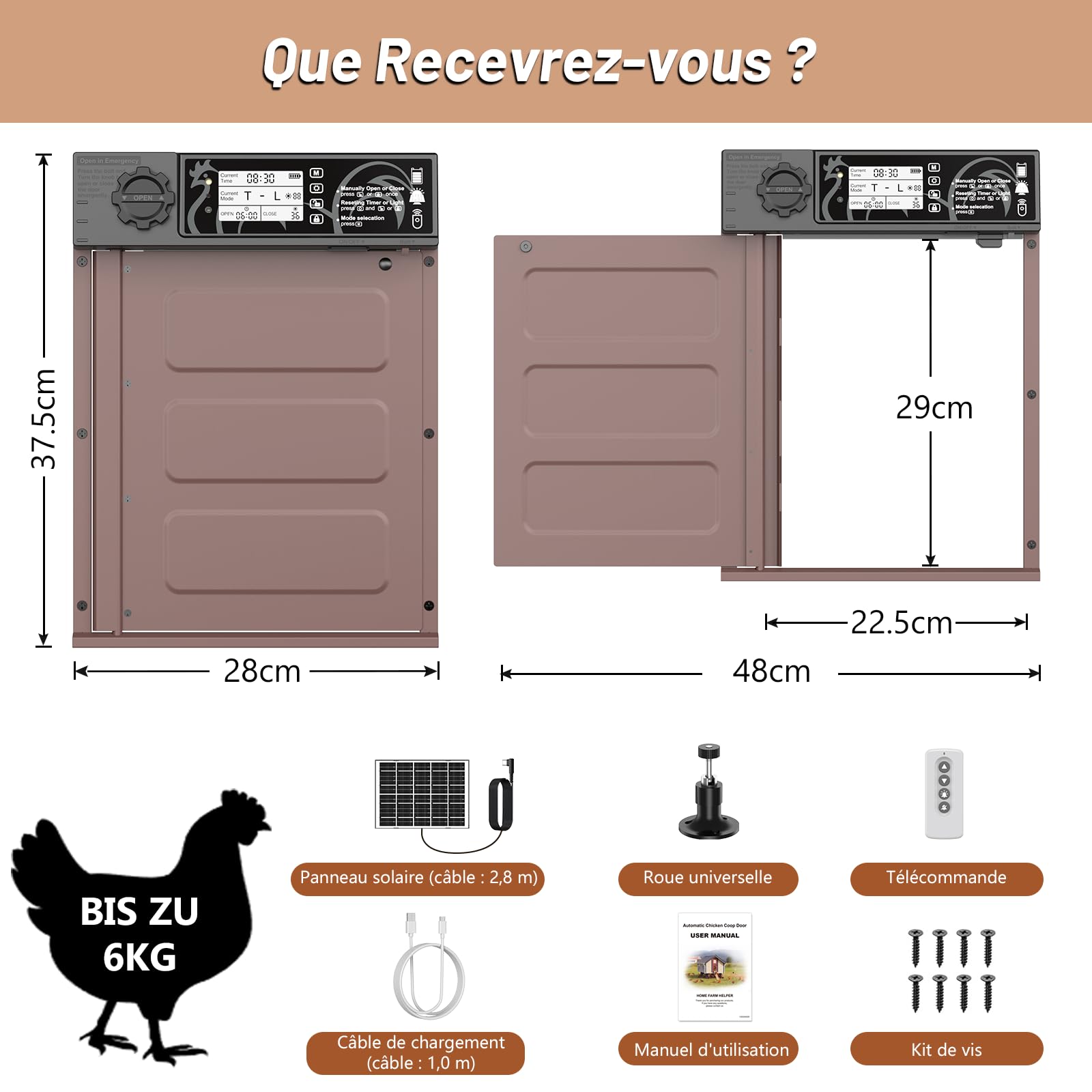 Grande Taille Porte Poulailler Automatique Solaire avec 7W Panneaux Solaires, Écran LCD, Porte Automatique Poulailler en Aluminium avec Capteur de Lumière, Minuterie, Fonction Anti-pincement