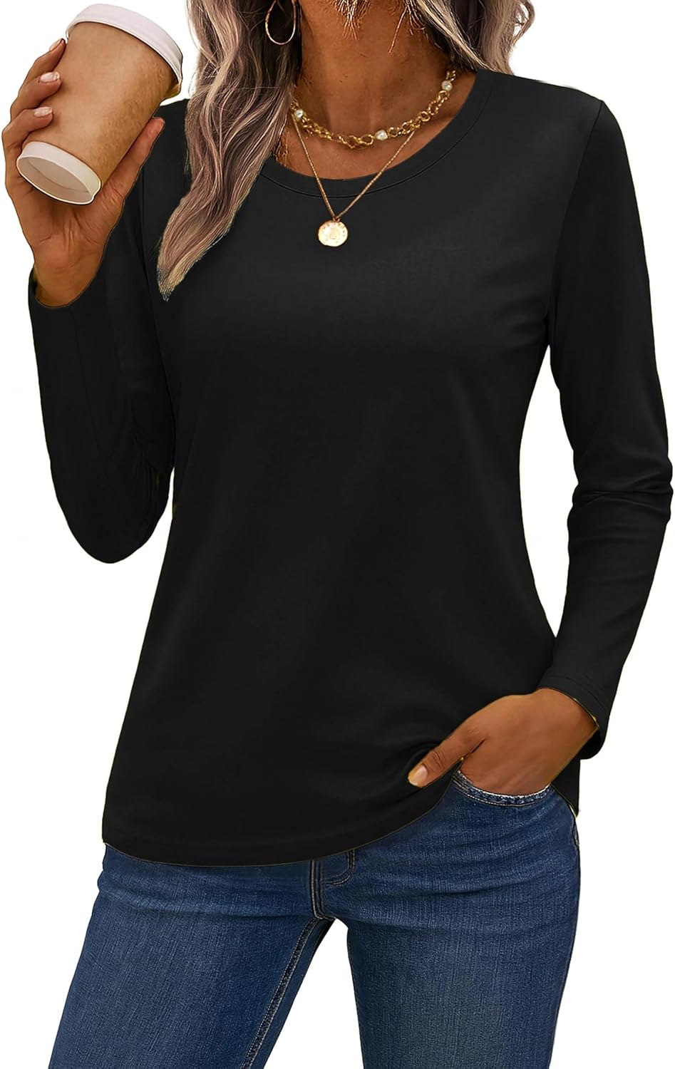 SMENG Women's Long Sleeve Crewneck Cotton Basic T-Shirt Solid Color Soft Comfy Casual Tops Fall Shirts for Women 2025