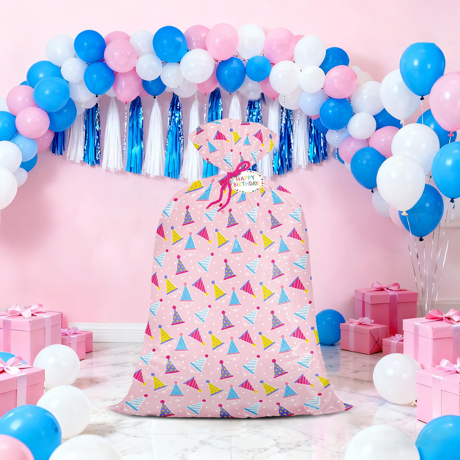 WRAPAHOLIC 56" Extra Large Birthday Plastic Gift Bag - Pink Party Hat Jumbo Bike Bag Gift Wrap for Women Girls Birthday, Baby Shower, Wedding, Bridal Shower - 56" H x 36" W
