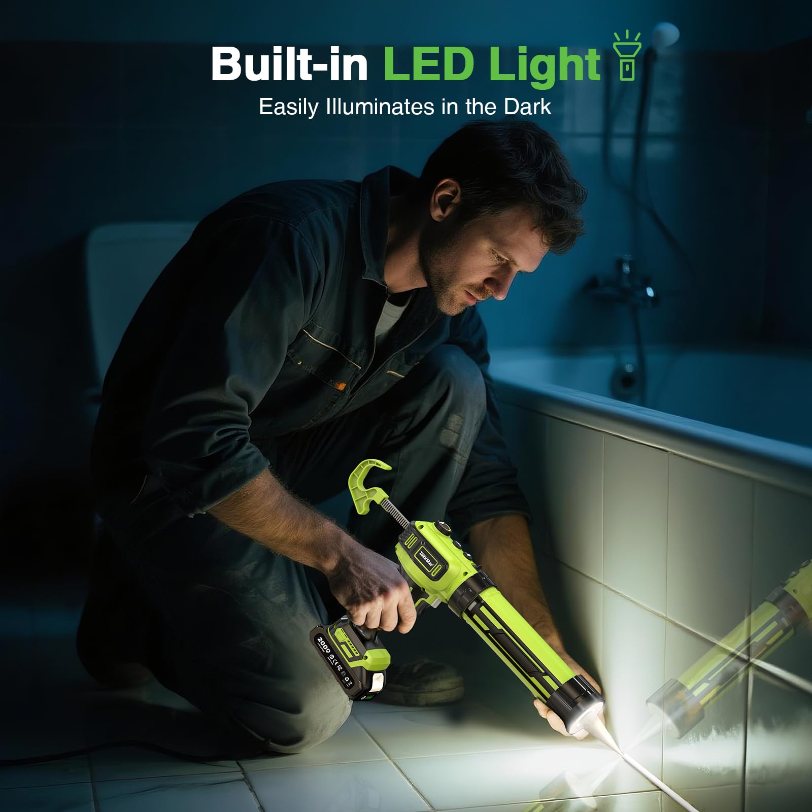 Taskstar Pistola de calafateo eléctrica compatible con Makita-20V, pistola de calafateo inalámbrica con 2 baterías de 2,0 Ah, luz LED, velocidad variable, pistola selladora de batería de 10 a 10,1