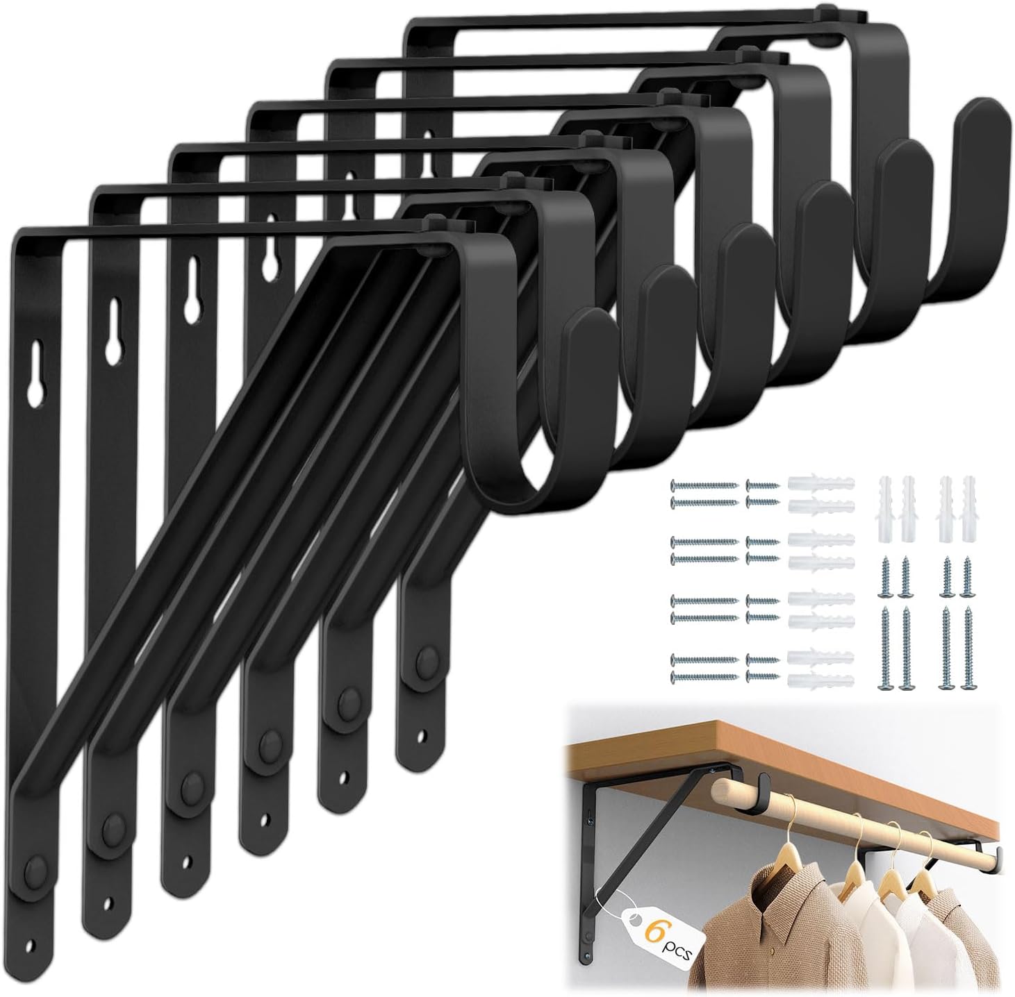 6Pcs Closet Rod Brackets, Sturdy Closet Rod Holders Heavy Duty Shelf Brackets, Multifunctional Closet Rod Support Bracket for Indoor Outdoor, Easy to Install, Black