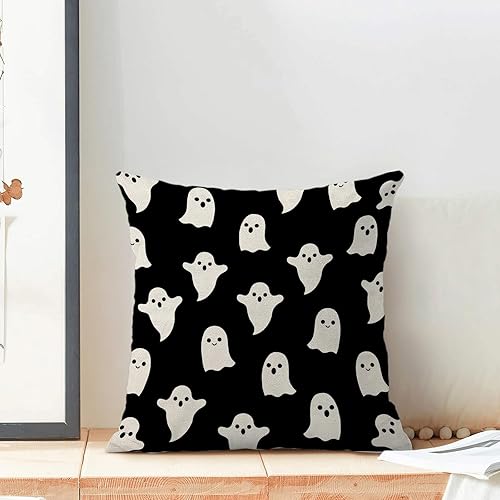 Miniatura 3 de Juego de 2 fundas de almohada decorativas de Halloween de 16 x 16 pulgadas, juego de 2 bonitas fundas de almohada de fantasma negro para decoración