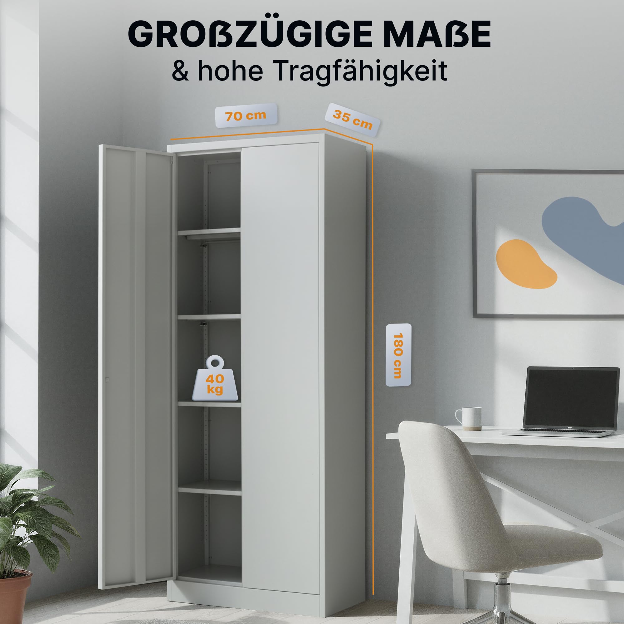 Aktenschrank – Abschließbarer Stahl-Aktenschrank – Büroschrank, Allzweckschrank mit höhenverstellbaren Böden – Robuster Metallschrank, Aufbewahrungsschrank für Büro, Werkstatt, Lager (Grau)