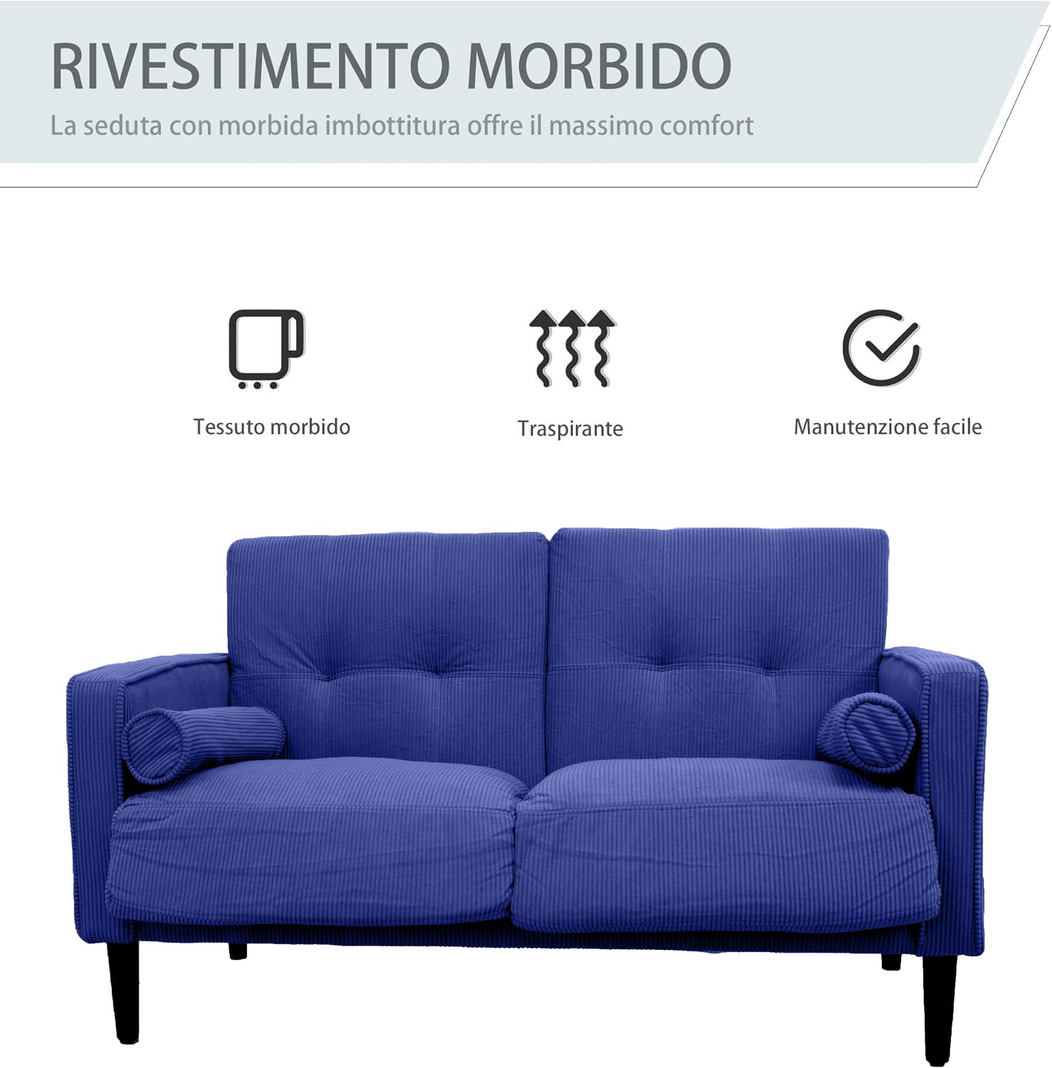GARDENIA Divano fisso rivestimento in Vellutino e imbottitura in Poliestere, con Gambe in Legno e Cuscini Sfoderabili JoY, Blu, 130x75xH73 CM