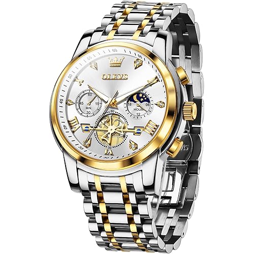OLEVS Mens Watches Luxury Business Stainless Steel Chronograph Moon Phase Waterproof Date Analog Quartz Dress Watches for Men,Silver/Blue/Black/Gold Dial
